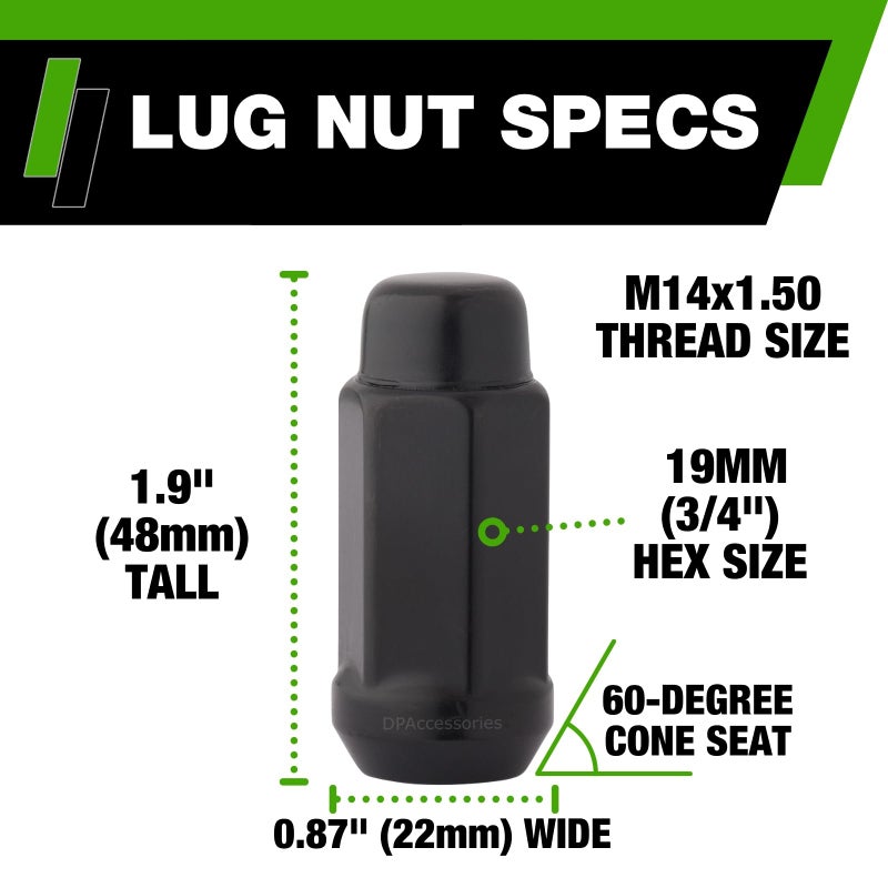 DPAccessories Black M14x1.50 Lug Nuts for Aftermarket Wheels - Closed End XL Bulge Acorn - 48mm (1.9"") Tall - 19mm (3/4"") Hex - Set of 32 - LCB4B8HE2BK04032 - Image 2